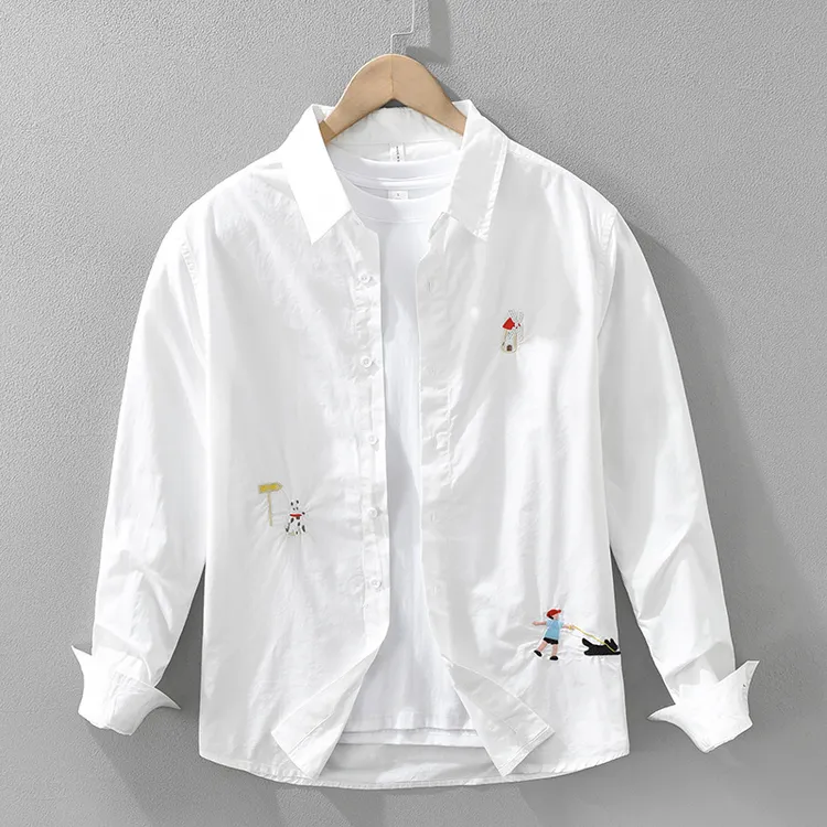 7586男士日系清新长袖衬衫新款时尚刺绣文艺休闲宽松上衣一件代发