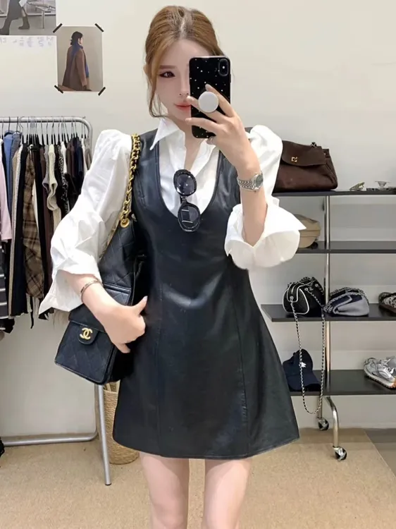 【现货高品质】秋装新款法式白色气质衬衫+高级感皮裙背心连衣裙