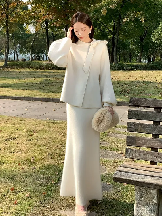 【晨晨专属】早秋端庄大气名媛高级感温柔小香风白色针织毛衣套装女