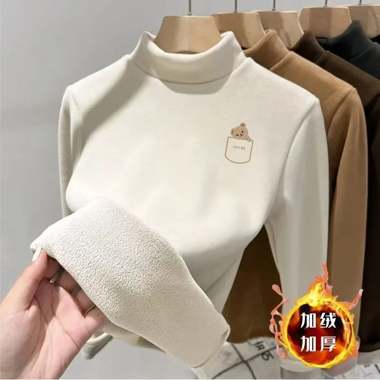 儿童德绒打底衫秋冬新款男女童半高领加绒保暖时尚百搭中领打底衫