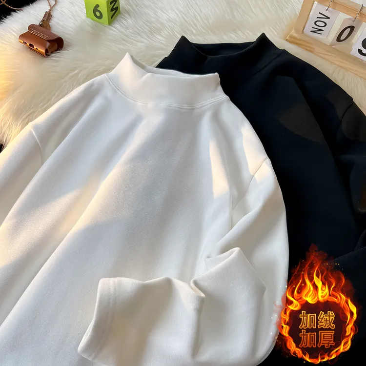 纯色半高领德绒打底衫男秋冬季加厚保暖内搭上衣潮牌重磅长袖T恤