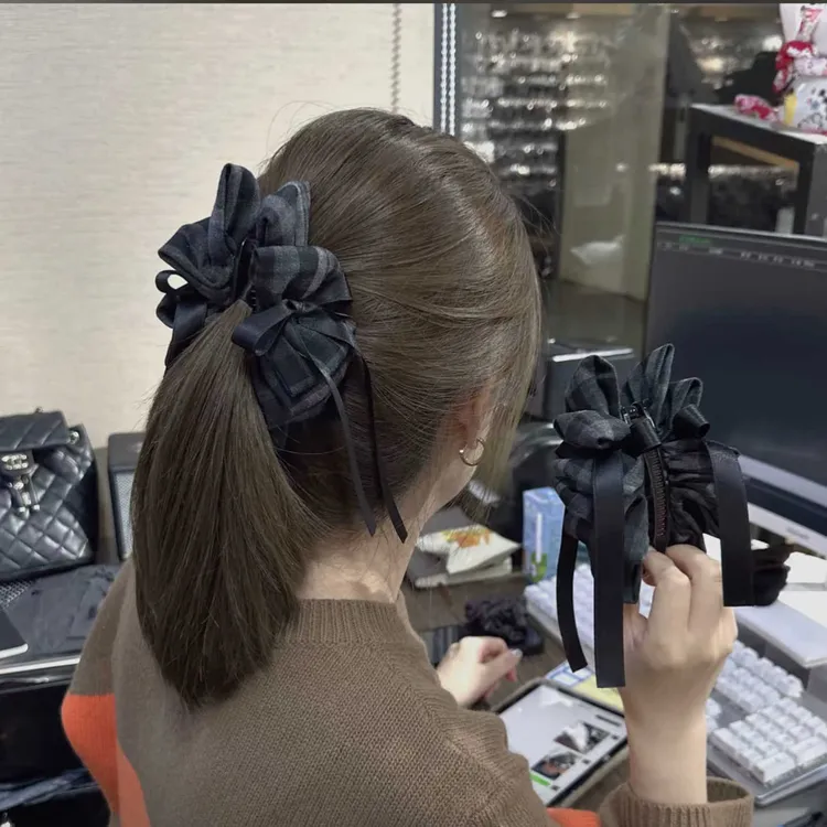 韩系格子蝴蝶结香蕉夹2025新款飘带款高低马尾竖夹一字横夹竖夹女