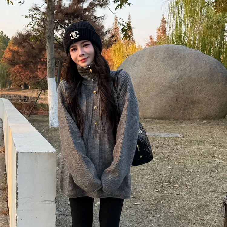 宿慕SUMU韩版半拉链加厚针织衫12-6新款舒适百搭宽松拉链毛衣7755