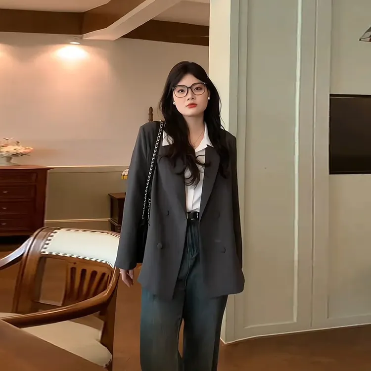 大码女装胖mm显瘦百搭韩系宽松休闲长袖西装外套春季遮肚藏肉西服