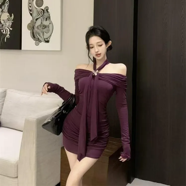 pinkmoon||一字肩紫色挂脖长袖连衣裙女秋季修身收腰裙子包臀短裙