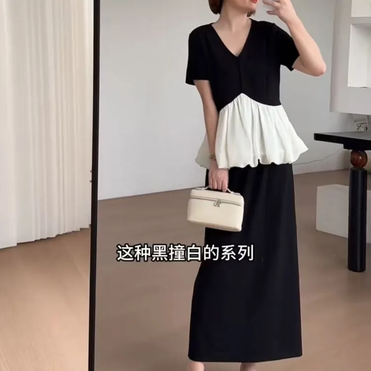 时尚气质撞色拼接短袖上衣搭配半身裙夏季洋气显瘦套装