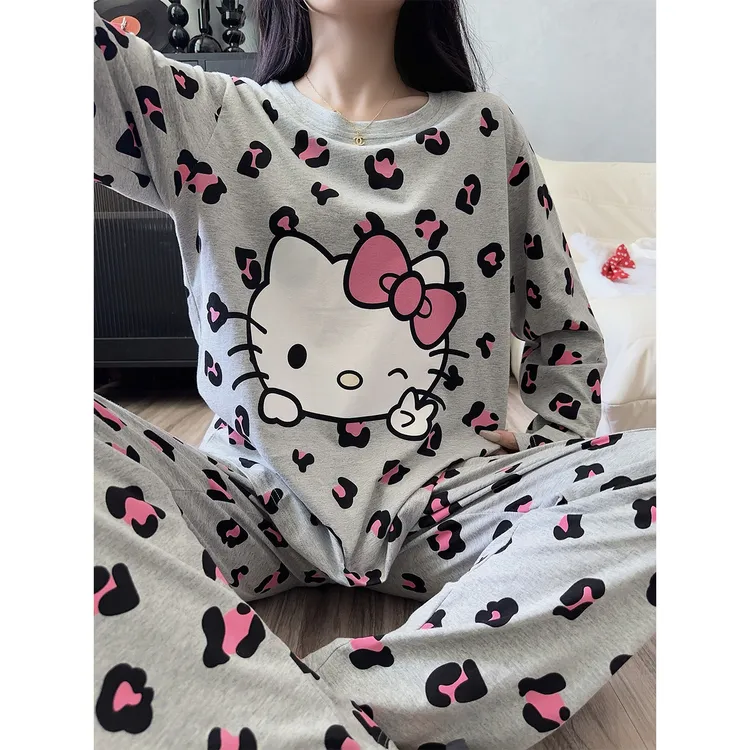 睡衣女春秋季长袖纯棉豹纹KT猫网红风套装胖mm加大码少女家居服冬