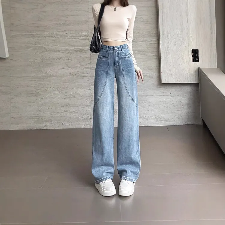 3314拼接感女士牛仔直筒裤时尚百搭春季新款日韩风牛仔裤女小红书