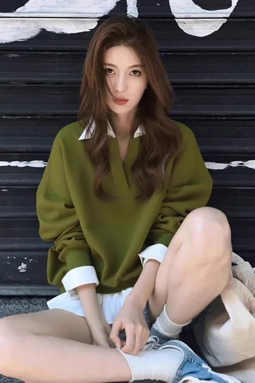 绿色V领假两件卫衣女早秋小个子美式复古慵懒chic多巴胺韩系上衣