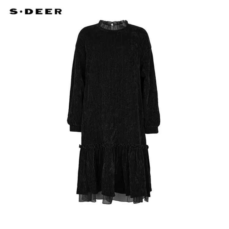 S·DEER圣迪奥女装法式复古木耳边圆领丝绒条纹温柔长袖连衣裙