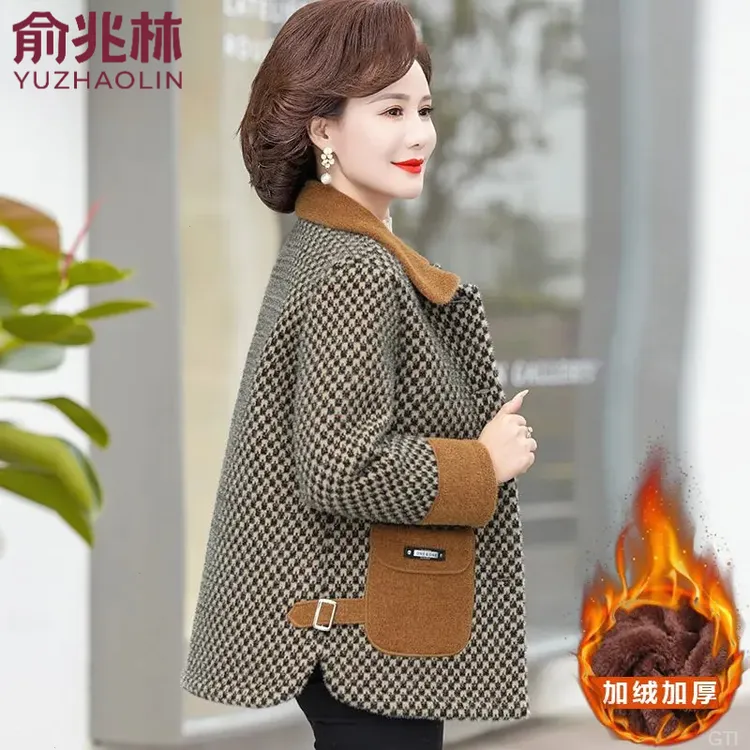 俞兆林妈妈秋冬水貂绒毛呢外套加绒加厚中老年女50-60岁母亲洋气