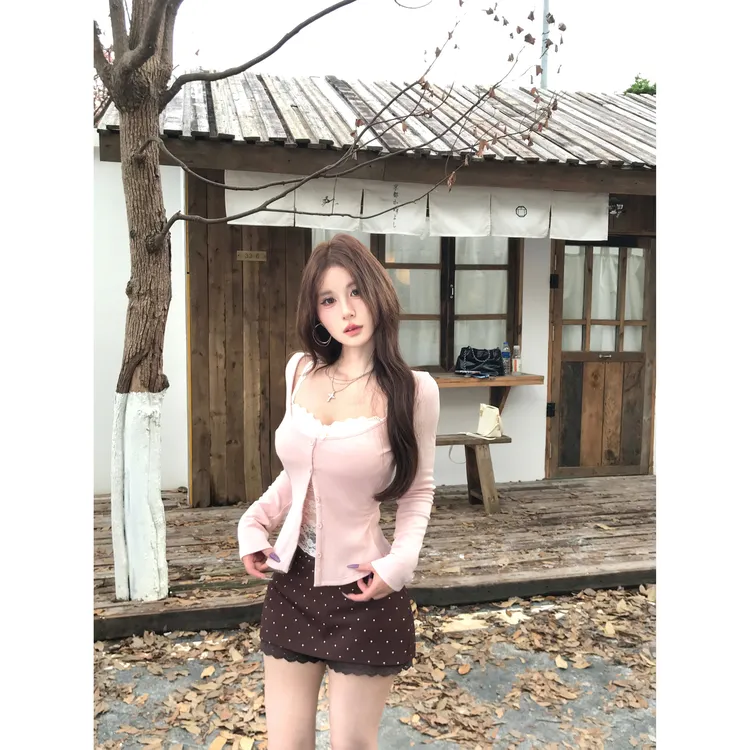 Mejiu蜜九【半盏情书】纯欲蕾丝假两件罩衫女秋季复古波点显瘦短裙