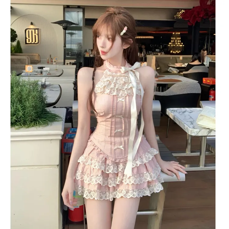 甜心轰炸机春夏收腰显瘦纯欲甜美无袖挂脖上衣+半身裙两件套装女