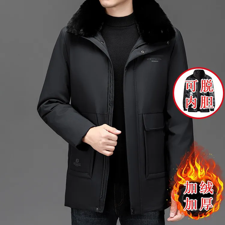 中老年男装棉衣加绒加厚大毛领可脱卸内胆保暖商务休闲冬季棉袄