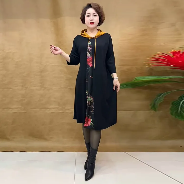 春秋时尚中老年妈妈宽松遮肉休闲假两件连帽中长款冰丝针织连衣裙