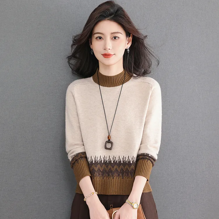 正品冬季新款拼色半高领花纹落肩袖针织打底衫洋气时尚百搭通勤风