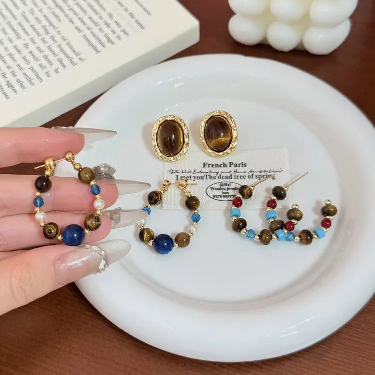 铜合金玻璃耳饰 波西米亚风串珠耳环复古椭圆高级感轻奢耳饰