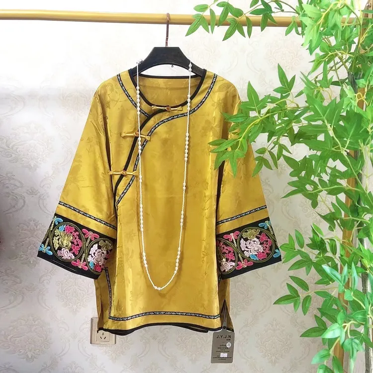 YY新中式国风大码提花重工打底衫胖妹妹宽松显瘦太太服上衣19256