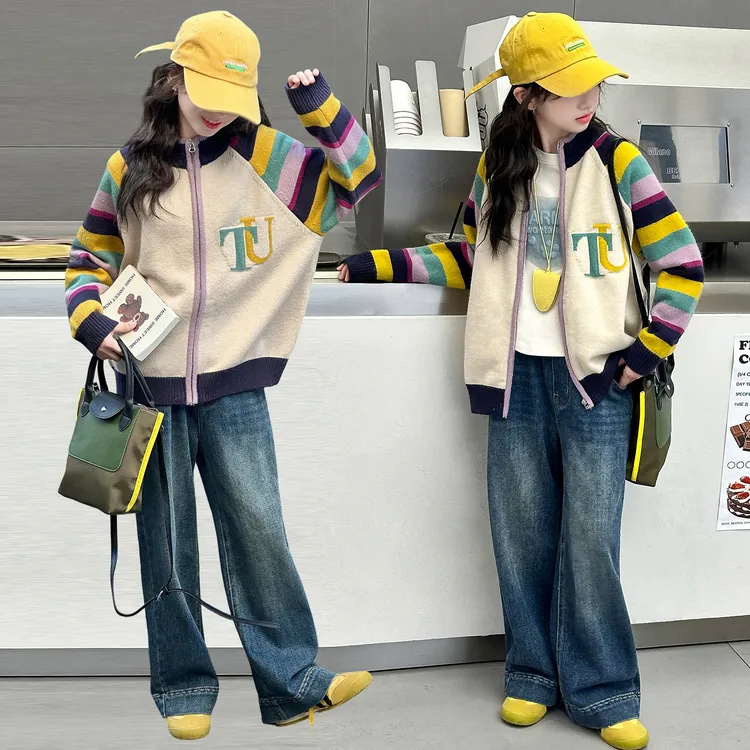 女童针织毛衣开衫外套牛仔裤套装2025新款秋冬儿童时髦洋气两件套