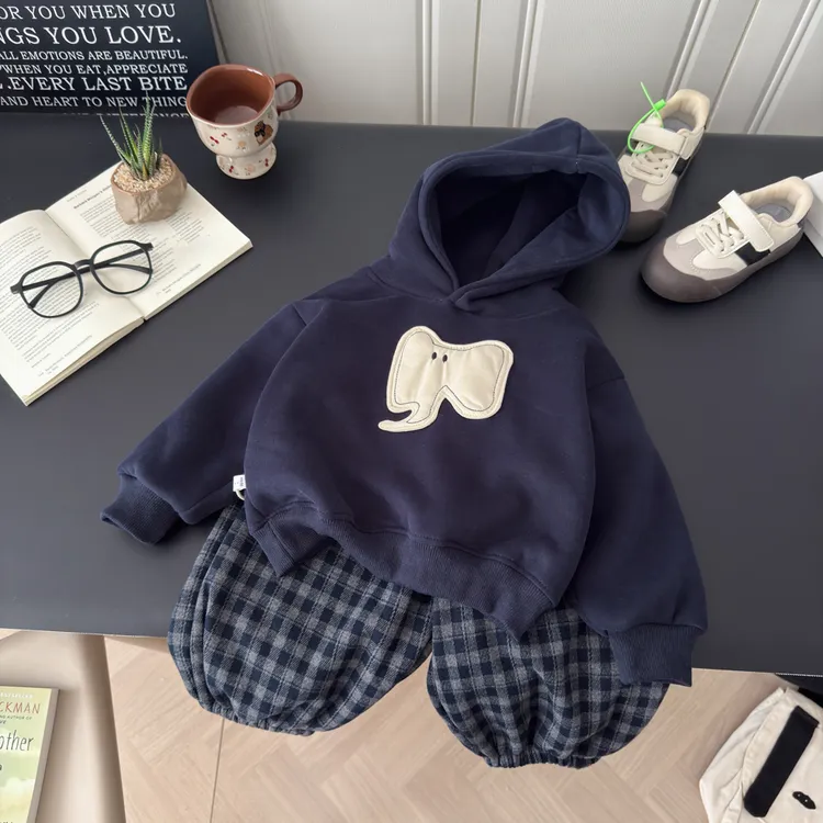 【现货加绒】2025新款立体大象洋气休闲韩版男女童连帽格子裤套装