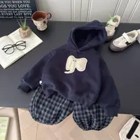 【加绒加厚】2025新款立体大象洋气休闲韩版男女童连帽格子裤套装
