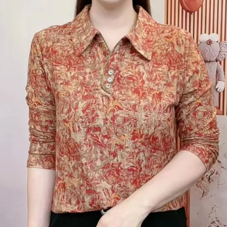 秋季新款碎花翻领长袖小衫女时尚宽松妈妈装洋气打底衫百搭上衣