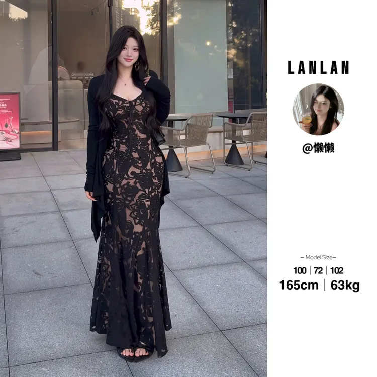 Lanlan-【柔情一梦】黑色蕾丝性感显瘦收腰连衣裙吊带长裙开衫气质
