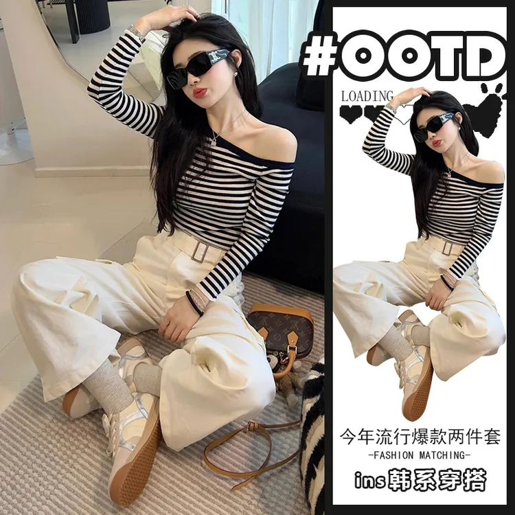 2025春夏新款设计感小众超好看一字肩条纹针织毛衣女百搭直筒裤