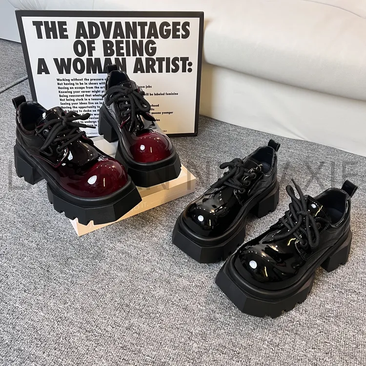 车厘子红2025复古女厚底增高乐福鞋英伦风亮皮时尚玛丽珍鞋20-157