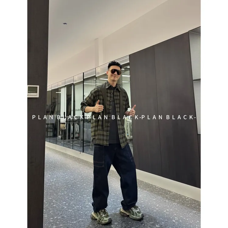 RICH陈发财【森秋/披肩衬衫】显白绿格子！翻领披肩男女款衬衫8043