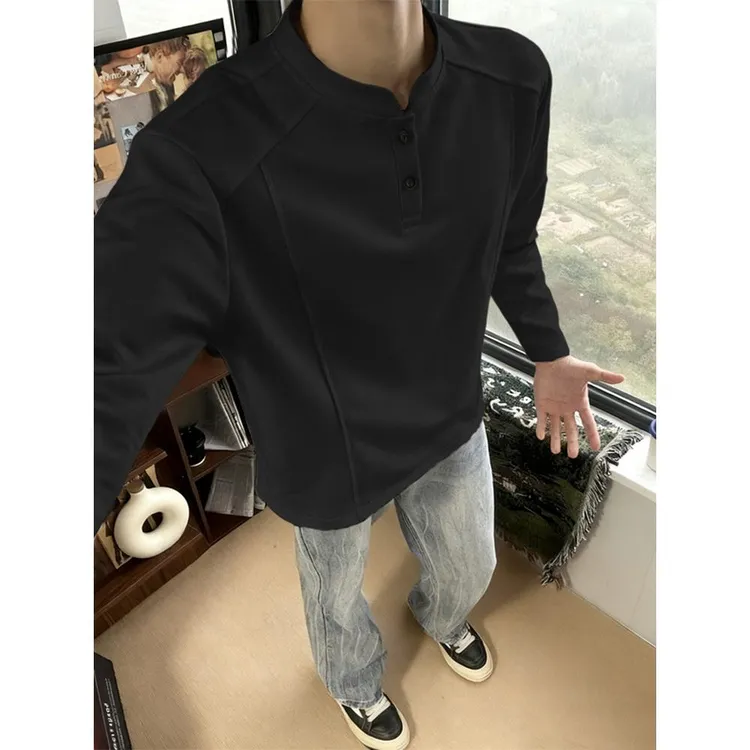 黑色亨利领卫衣男秋冬加绒加厚长袖POLO衫美式cleanfit内搭打底衫