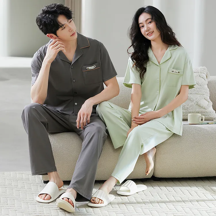 【100%纯棉】男女夏季情侣短袖长裤睡衣套装家居服纯色加肥加大码