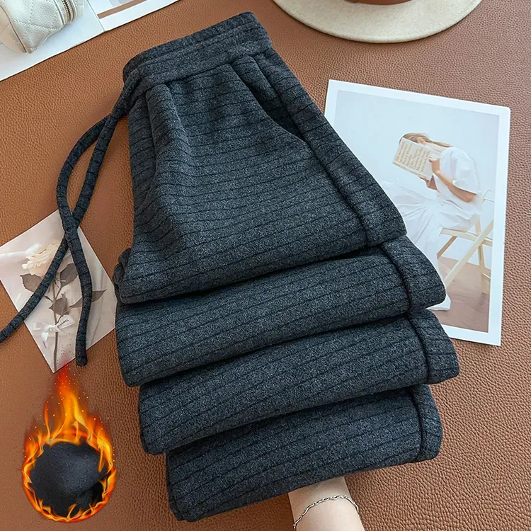 羊毛条纹裤女秋冬2025新款加绒加厚灰色宽松遮肉九分阔腿休闲裤子