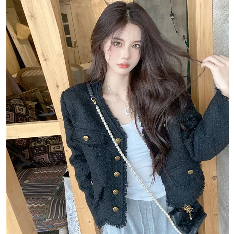 【现货+运费险】小香风外套开衫宽松V领显瘦流苏法式黑色长袖YY213