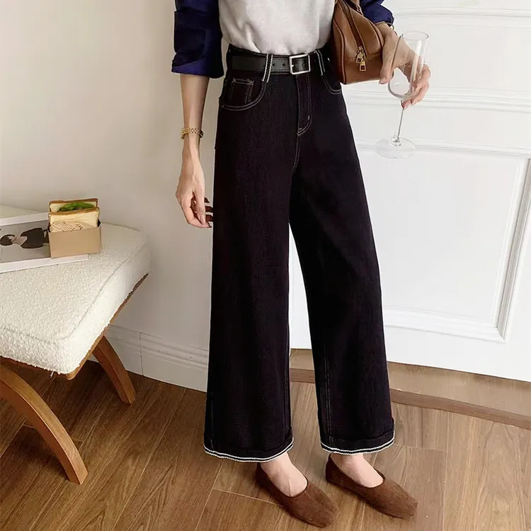 深蓝色高腰窄版阔腿牛仔裤女2025年秋新款季小个子宽松直筒九分裤