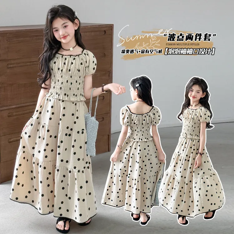 女童夏季泡泡袖波点套装2025新款女孩时尚显瘦半身裙夏装两件套潮