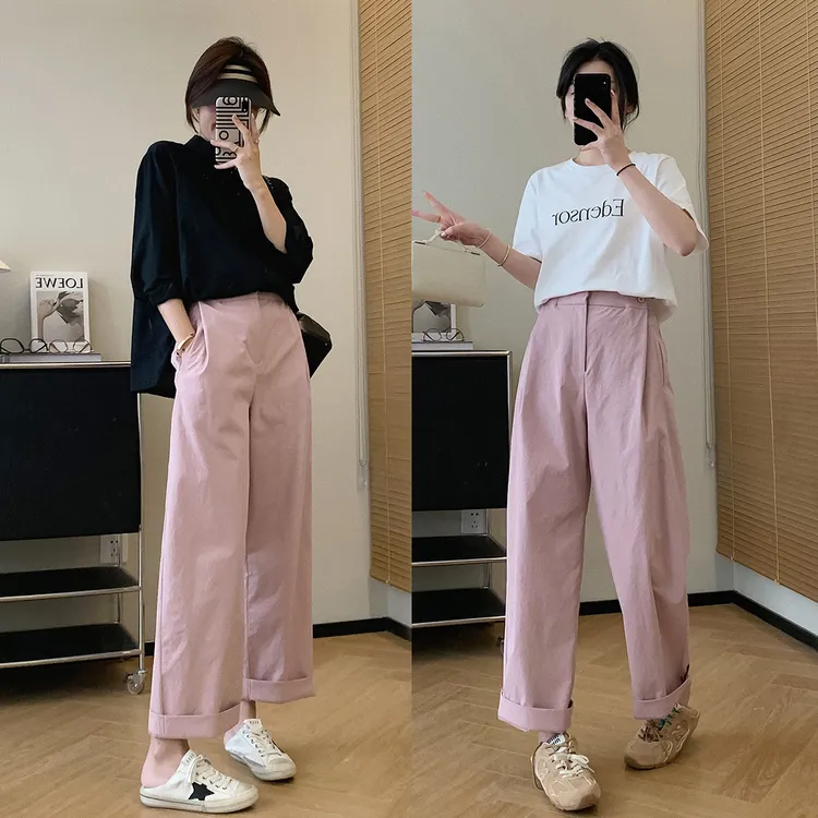 粉色工装休闲裤女秋季新款大码胖mm梨形身材小个子直筒阔腿九分裤