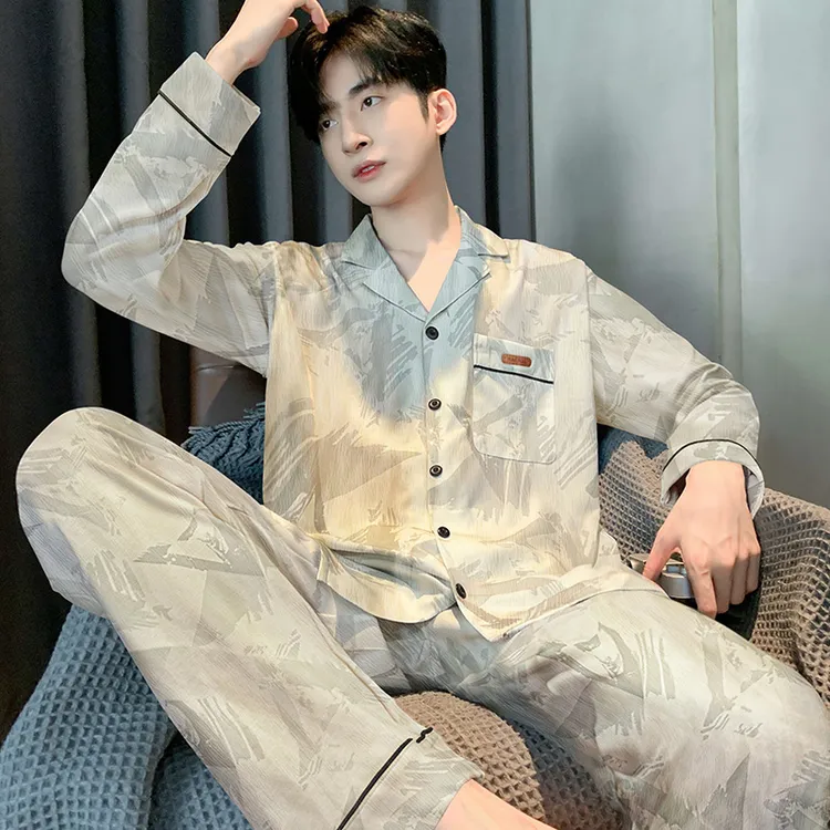 春秋季云朵棉睡衣男士2025新款棉绸长袖薄款宽松青少年家居服套装