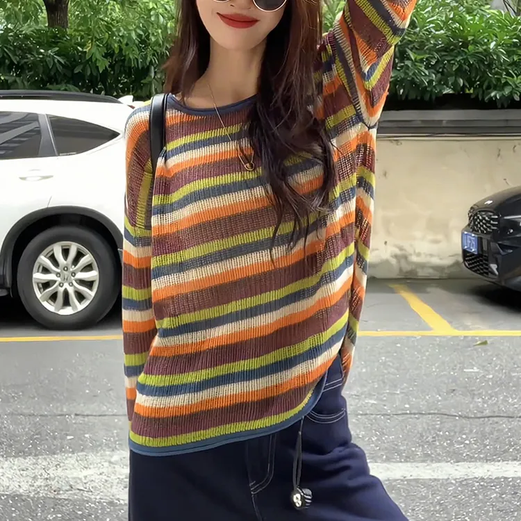 条纹圆领针织衫长袖t恤女2025秋季新款时尚减龄宽松显瘦薄款上衣