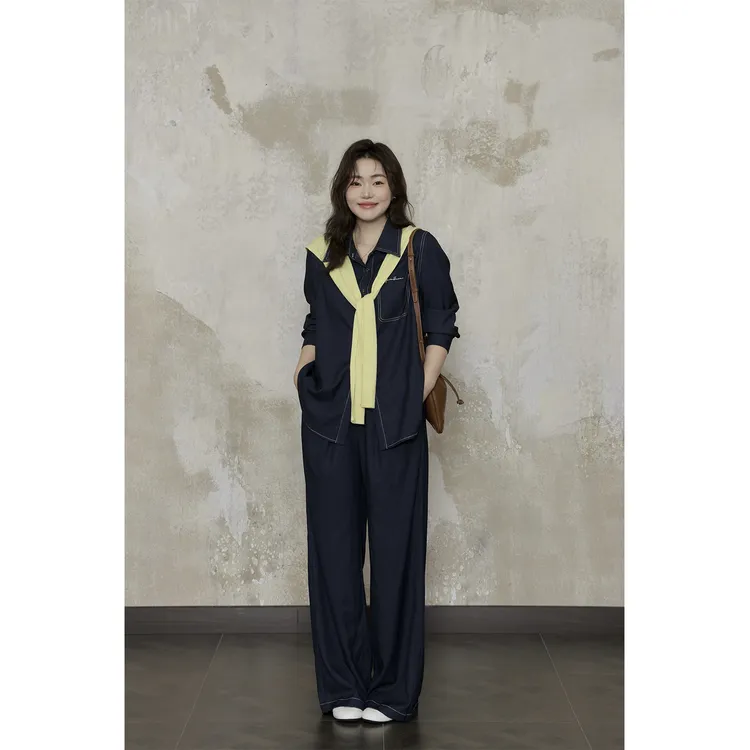 现货大婉酱微胖定制POLO领复古长袖牛仔衬衫女早秋裤子套装8888D 