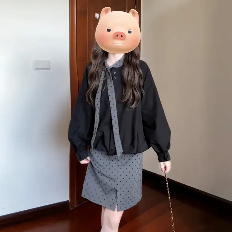 小个子韩系穿搭一整套花苞蝴蝶结衬衫上衣灰色波点裙子套装女秋季