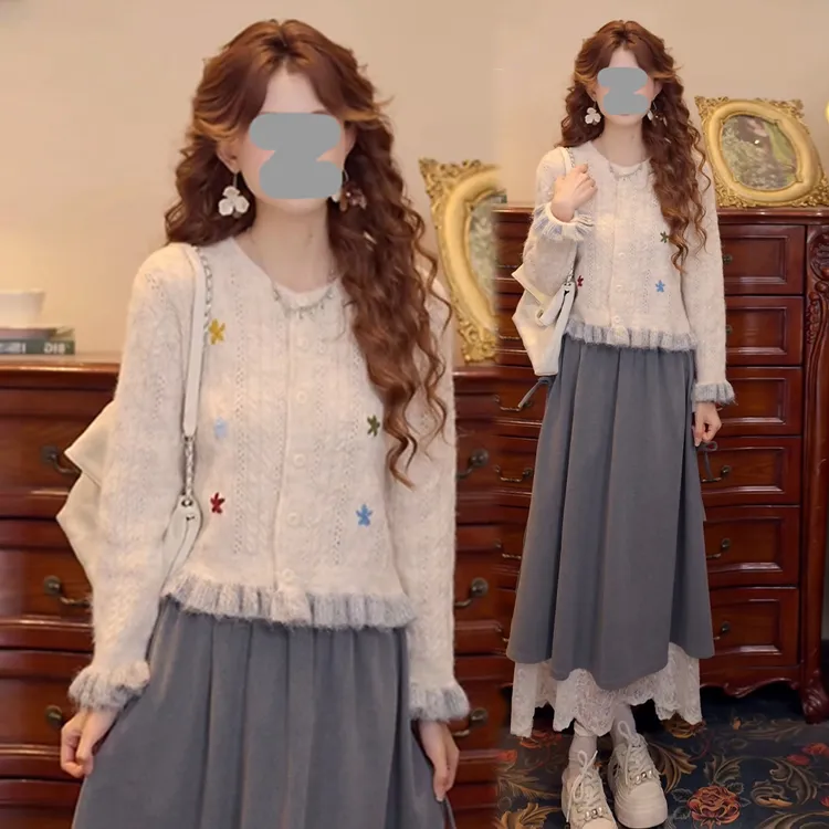 韩系氛围感穿搭套装女2025春秋新款镂空针织长袖蕾丝半身裙两件套