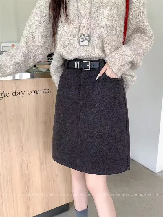 大码灰色氛围感加长款毛呢半身裙高腰显瘦a字裙秋冬美式遮肚短裙