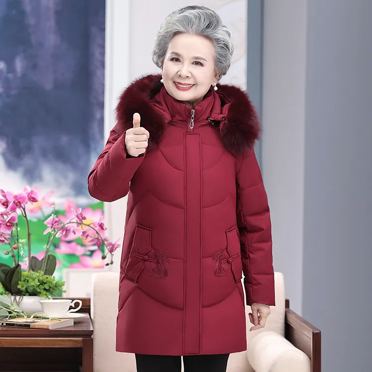 冬季新款中老年妈妈羽绒服女中长款连帽洋气老太太冬季加厚老人袄