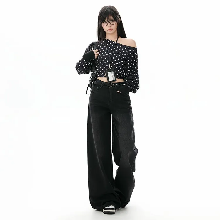 美式复古高腰牛仔裤女2025年秋季新款宽松显瘦阔腿直筒垂感拖地裤