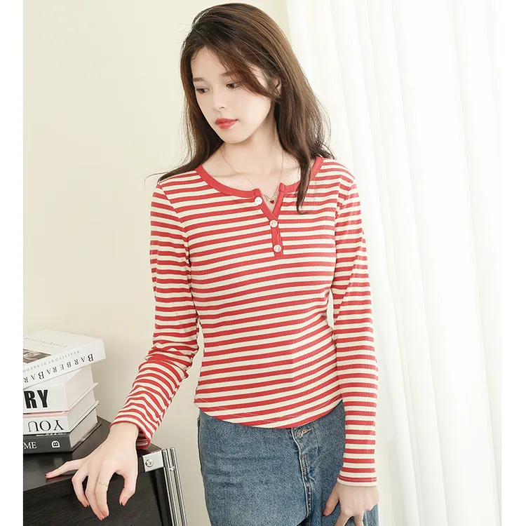 2025秋季长袖条纹T恤女复古时尚百搭女装新款宽松显瘦打底衫通勤