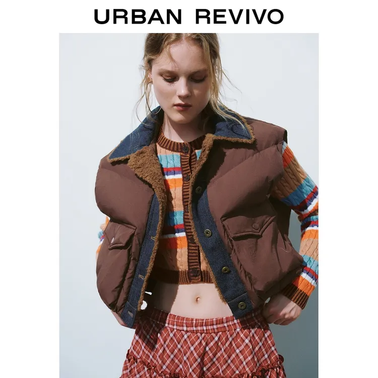 UR2025秋季新款女装复古拼接翻领口袋马甲羽绒服UYL150028+