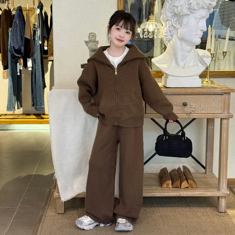 女童秋季琥珀流光打底衫毛衣套装慵懒风拉链翻领长袖毛衣针织长裤