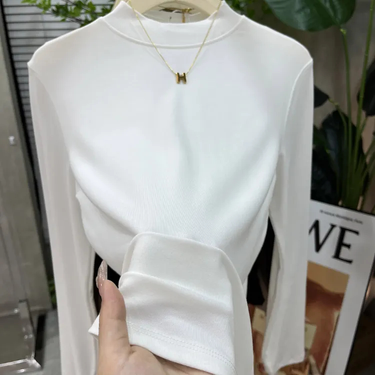 拉夏贝尔莫代尔棉春秋冬大码小立领长袖打底衫T恤女修身内搭外穿