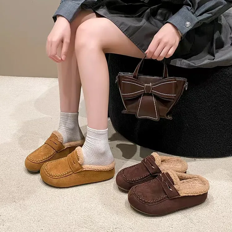 【品牌】女款软底秋冬勃肯鞋复古百搭加绒绒面保暖半拖棉鞋853-8